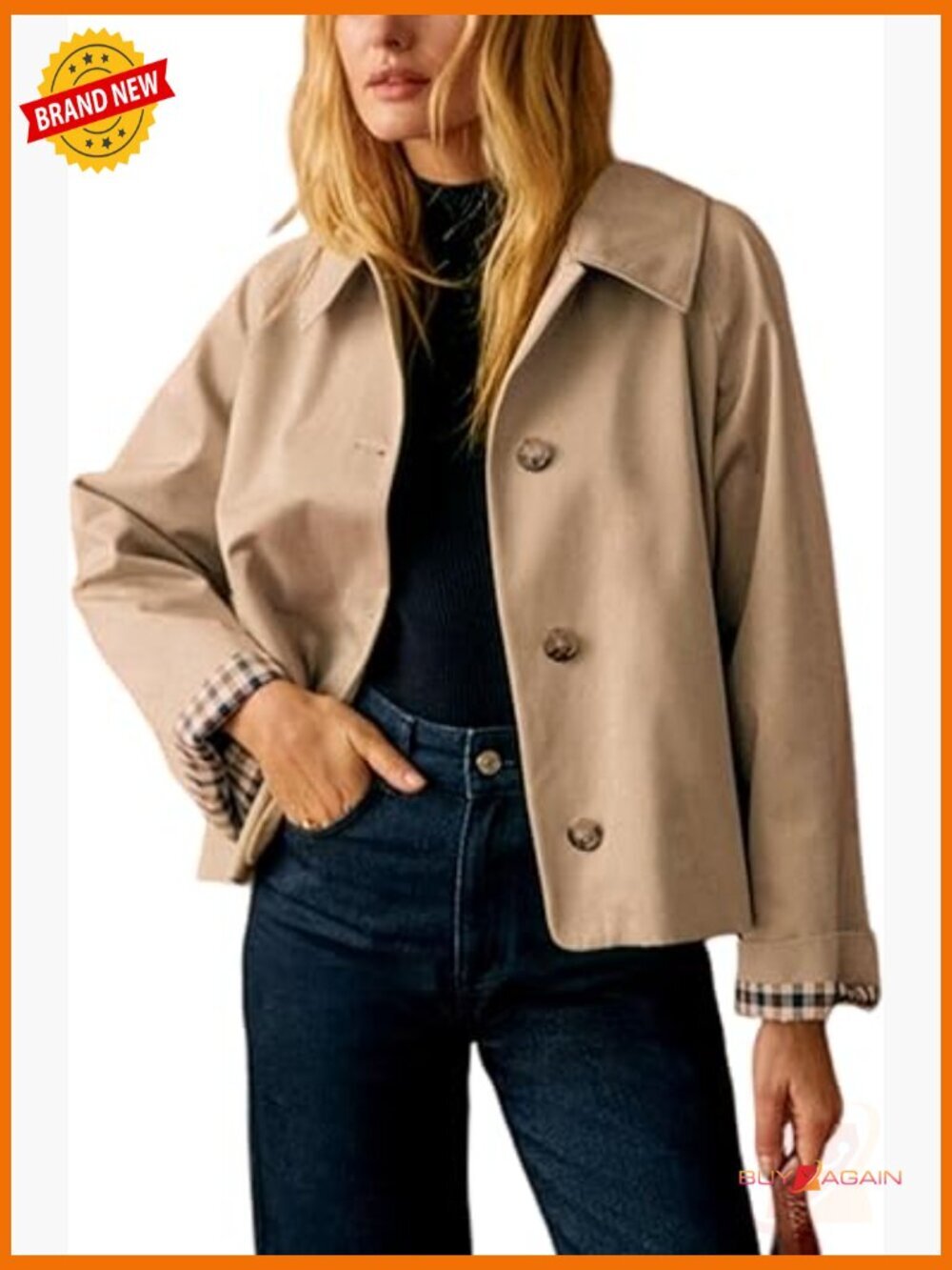 Oversize Trench Coat Plaid Lining Lapel Button Down Crop Jacket Outwear with